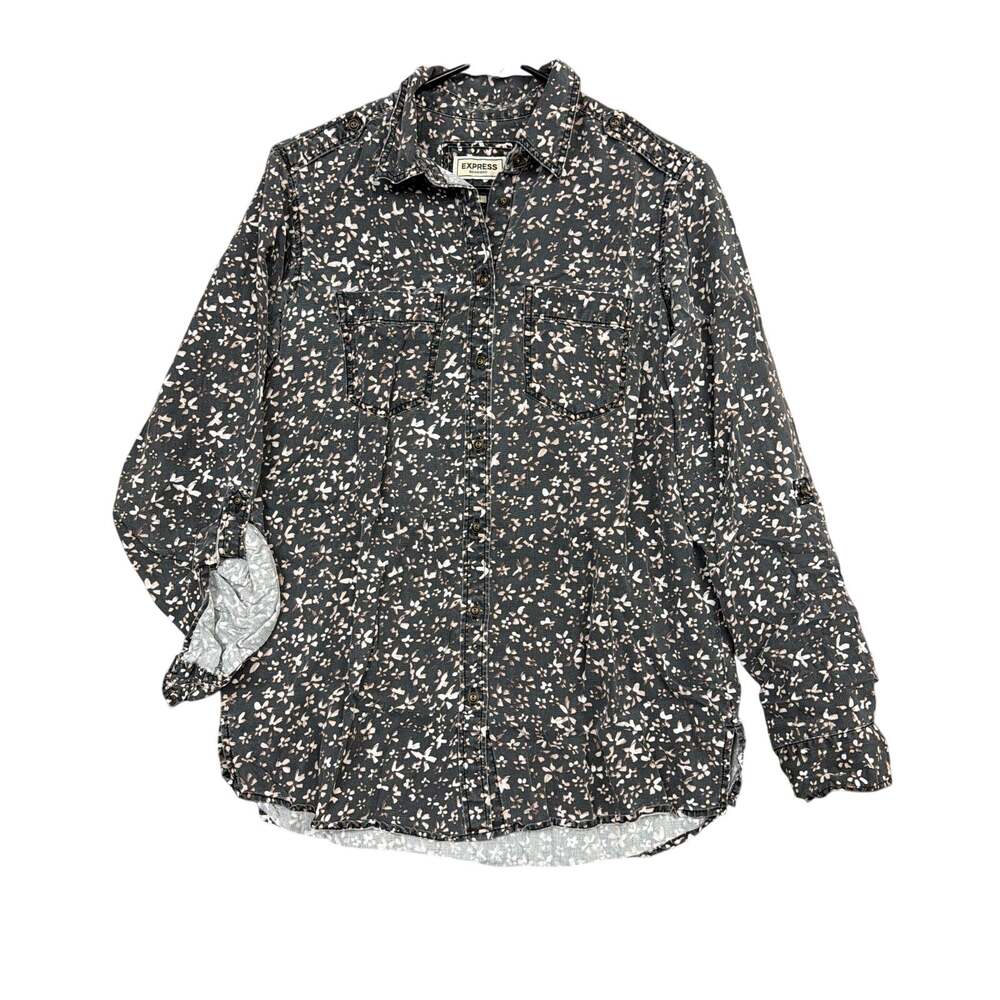 Express Womens Shirt Black Pink Floral Boyfriend Fit Button Down Roll Tab Small